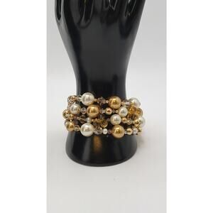 Vintage Gold Pearl Crystal Multi Strand Bracelet 8.5in